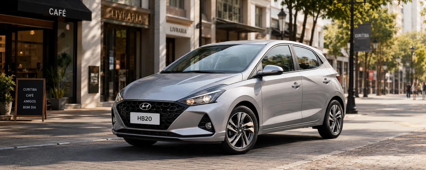 Hyundai HB20 prata estacionado em rua comercial de Curitiba
