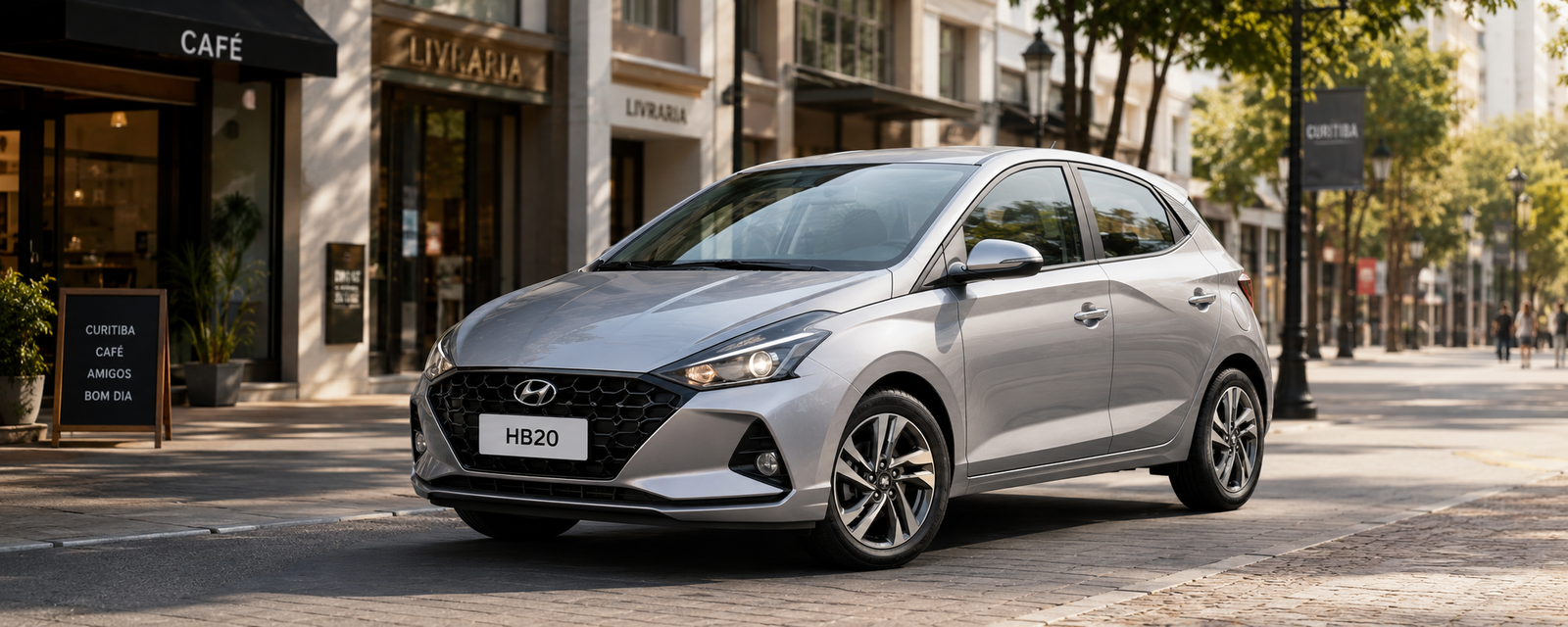 Hyundai HB20 prata estacionado em rua comercial de Curitiba