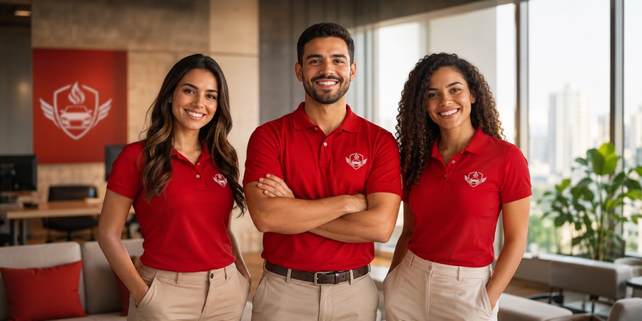 Equipe S.A Evolution de polo vermelha sorrindo no escritório